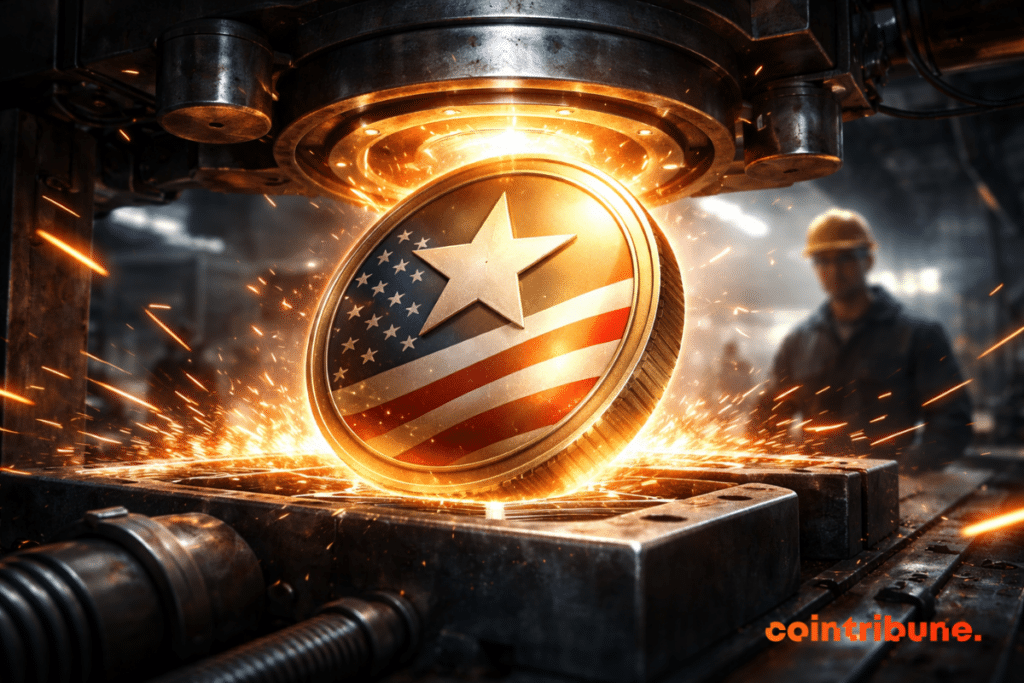 A shiny USAt coin is minted in a heavy industrial press, surrounded by flying orange sparks, while a factory worker watches the scene in the background.