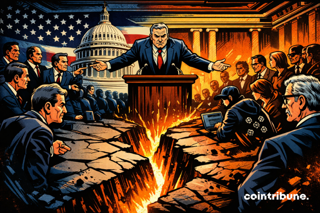 A furious senator divides the US chamber, a fiery fissure separating rigid politicians and crypto players under tension in historic conflicting drama.