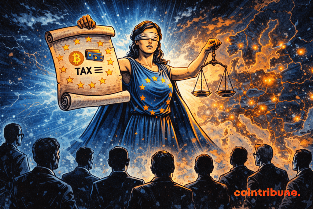 The figure of Europe imposes a crypto tax scroll on twelve nations, under a blazing map and stormy skies.