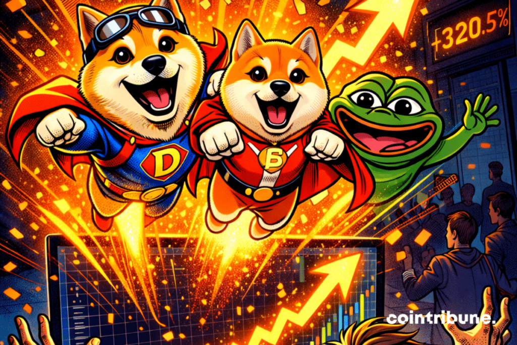 Crypto illustration of memecoin mascots springing up.