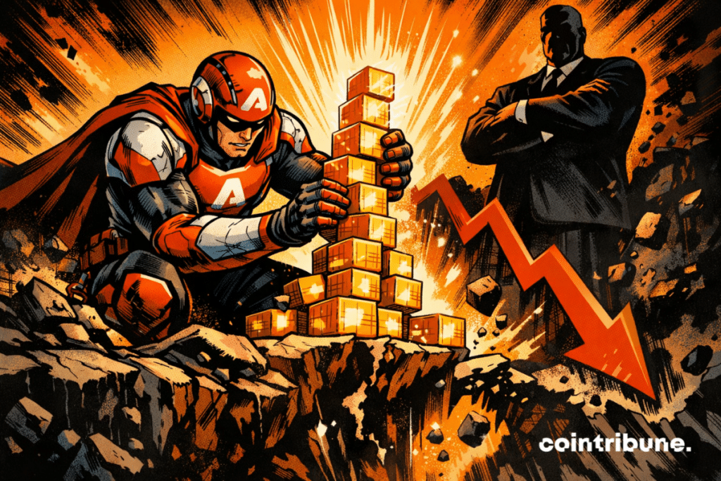 Hero Avalanche stacks glowing tokenized blocks as ground collapses, institutional silhouette watches, massive paradox and AVAX price plummet.