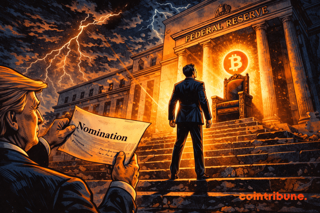 Kevin Warsh walks up the Fed steps to an empty throne, watched by Trump and a suspended Bitcoin.