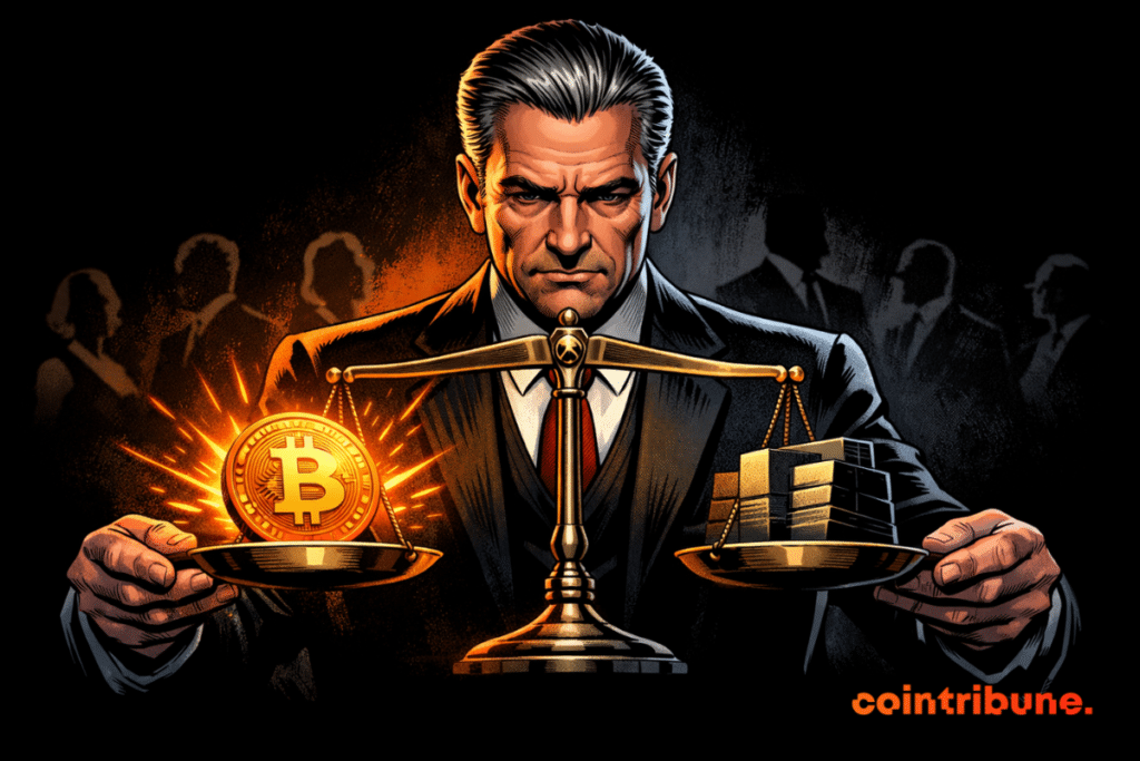 A stern banker in a dark suit weighs a bright orange blockchain-linked cryptocurrency against a heavy regulatory block on a scale, with dark silhouettes behind him in dramatic comic book style.