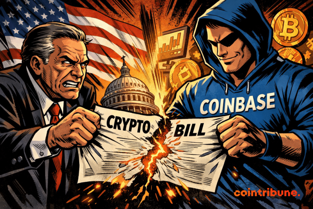 A tense, comic book-style confrontation shows a U.S. senator and a hooded Coinbase character tearing a glowing bill in half, while the Capitol and crypto symbols loom behind them.