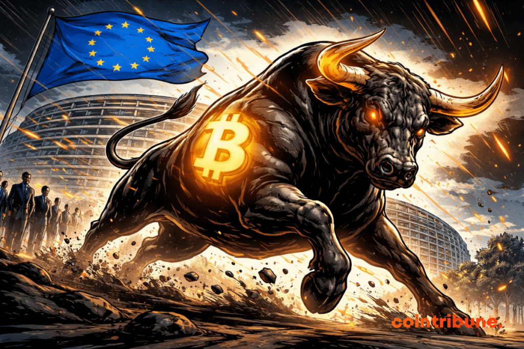 A powerful black bull emblazoned with a bright orange Bitcoin symbol charges past the European Parliament under a fluttering EU flag and stormy skies.