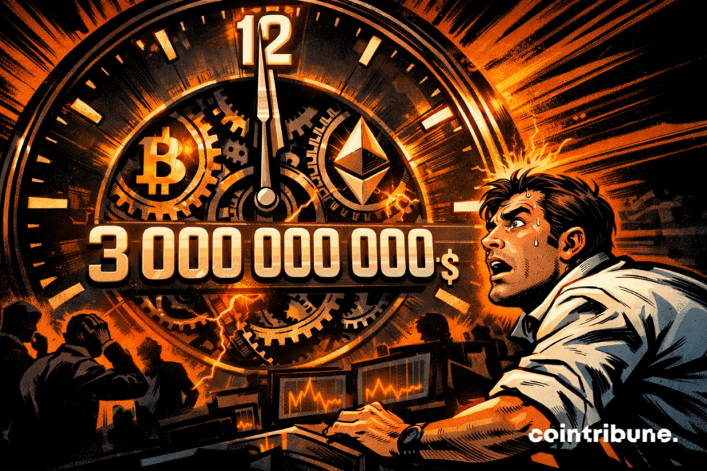 Panicked trader observes giant clock displaying $3,000,000,000, Bitcoin Ethereum gears glowing under intense dramatic orange voltage.