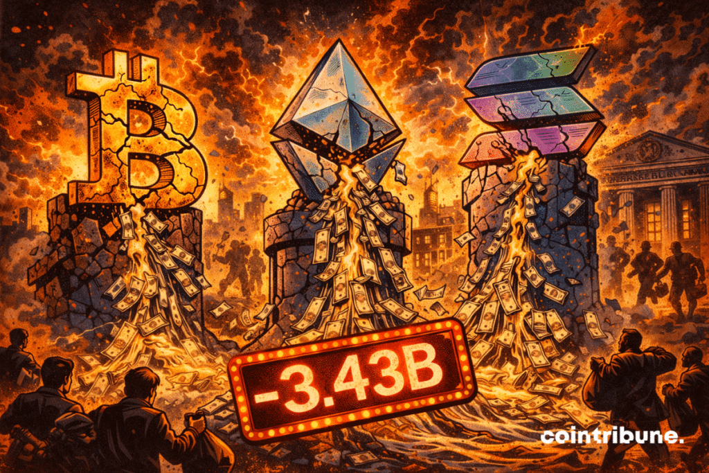 Statues of Bitcoin, Ethereum and Solana crack, while flows of money escape, under a red “-3.43B” sign.