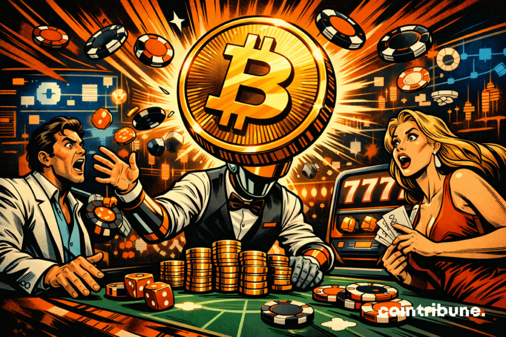 Illustration of a Bitcoin coin-headed robot dealer dealing stablecoins, chips and dice in a casino, surrounded by surprised players and slot machine symbols, symbolizing the transition to the Web3 currency.