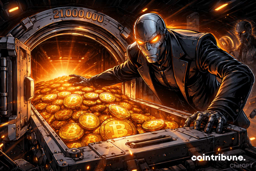 AI agent with orange eyes opens chest overflowing with glowing Bitcoins, dramatic tension, threatening robotic silhouettes in dark background.