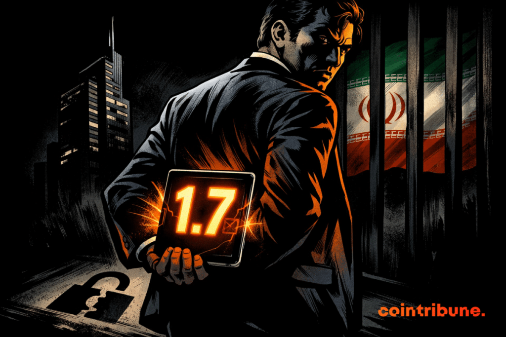 Illustration symbolizing a man in a suit hiding a tablet displaying $1.7 billion, in front of an Iranian flag suggesting controversial crypto transactions on Binance.