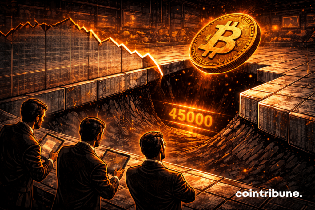In the middle of a huge relief graphic, a gaping empty area appears. The Bitcoin symbol slides slightly towards this cavity. At the bottom of the void, is engraved in a metal plate: 45,000. Traders observe the hollow zone.