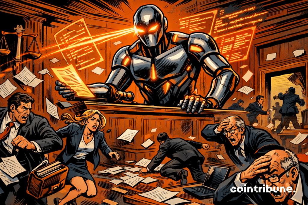 A giant AI judge causes panic in a courtroom, with professionals fleeing in the chaos.