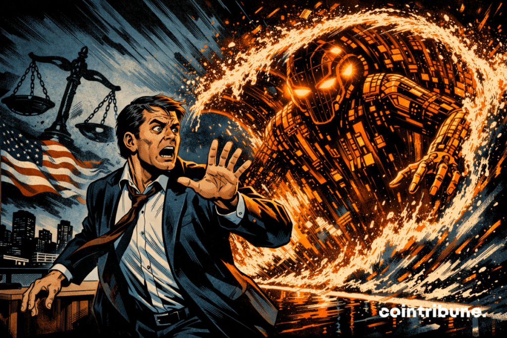 An artificial intelligence looms on the horizon: a giant glowing orange humanoid, made of circuitry, charges toward a terrified businessman, with a broken scales of justice and an American flag in the background.