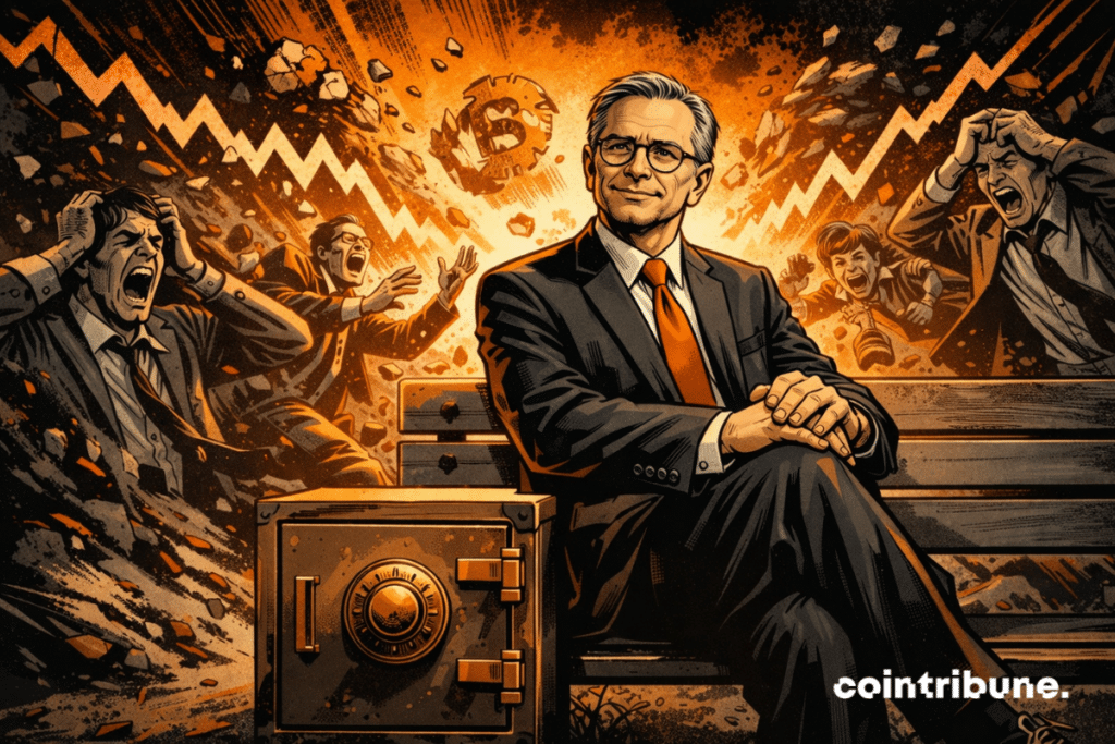 An imperturbable sage embodies the long view, sitting calmly, while the crypto panic violently explodes around him.