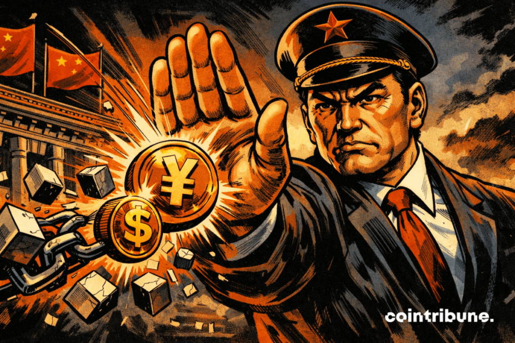 A Chinese official stops digital tokens in their tracks, symbolizing the ban on stablecoins and yuan-linked tokenization.
