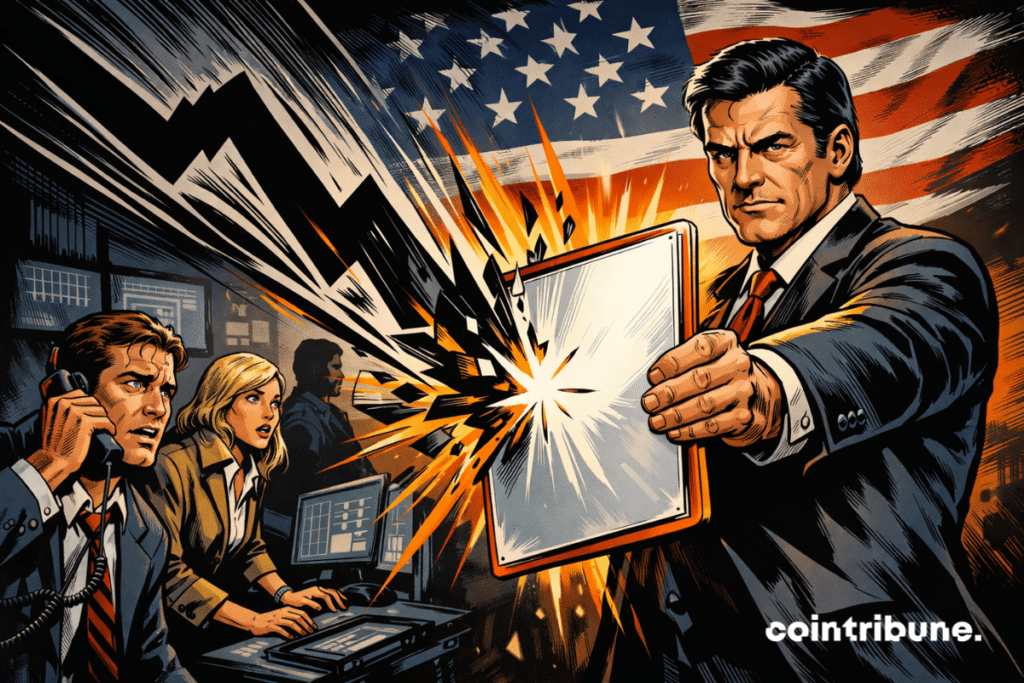 An American Politician (inspired by Bessent) holds a rigid document.