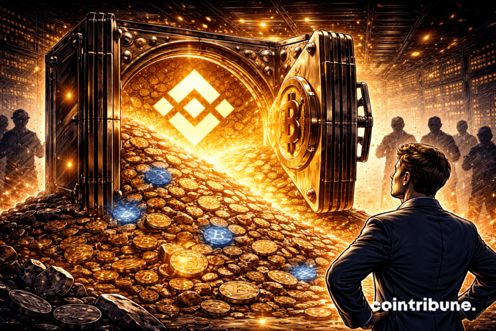 A huge Binance-branded vault is overflowing with crypto coins, while representatives of competitors watch from a distance.