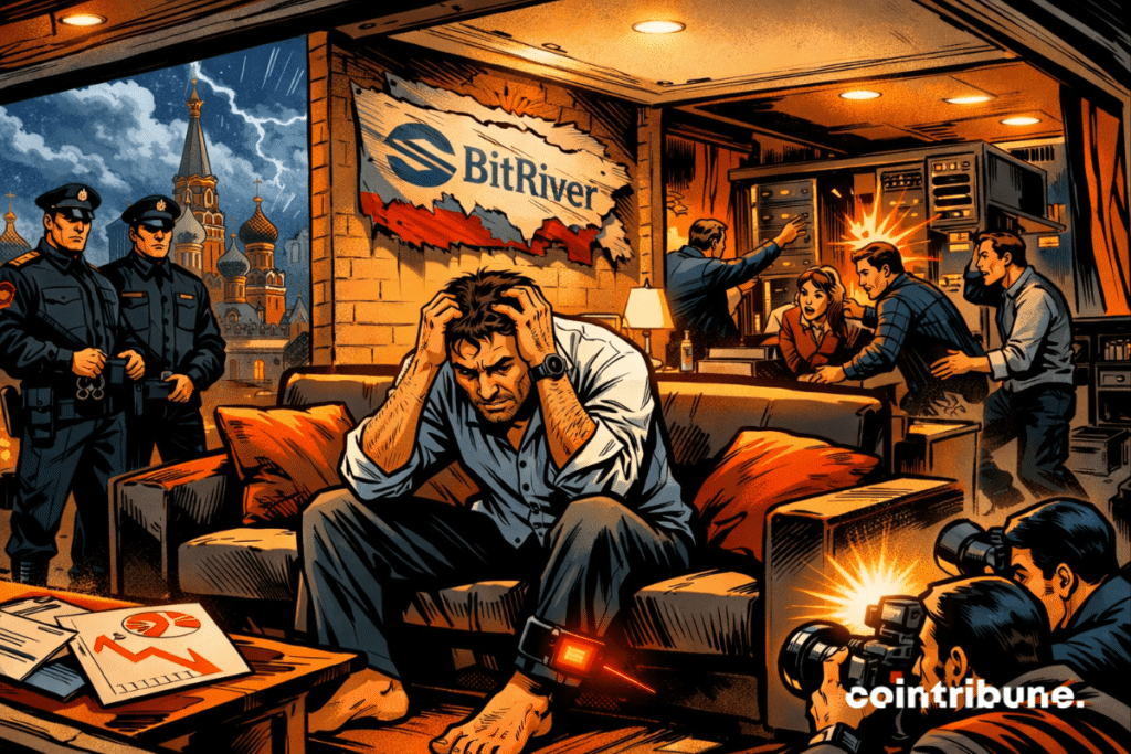 Comic book style scene showing BitRiver founder under house arrest, surrounded by chaos, police, employees and media.