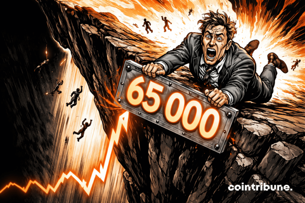 Panicked investor hanging at 65,000, graphic cliff collapses, silhouettes fall, glowing orange dramatizes Bitcoin capitulation.
