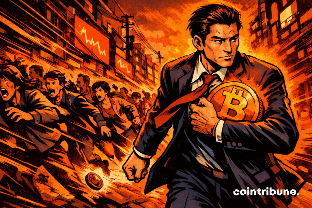 Confident man advances against panicked crowd, holding a glowing bitcoin