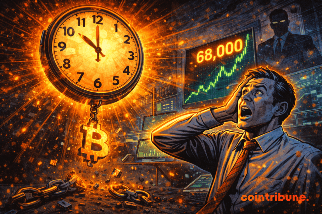 Giant clock shows 10:00, Bitcoin hanging intact, chain broken on the ground, trader stunned, chart climbs towards 68,000.