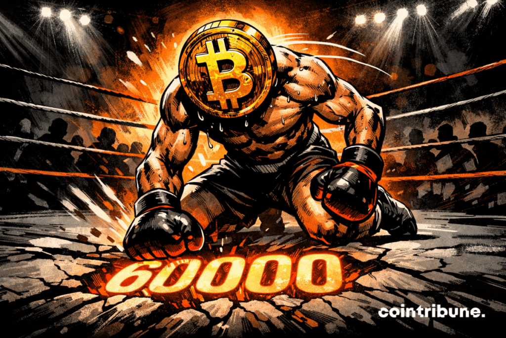 Bitcoin exhausted boxer gets up on cracked ring, 60,000 incandescent symbolizes floor after dramatic capitulation under intense orange spotlights.