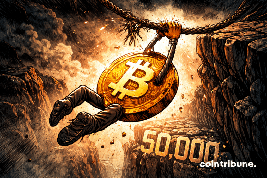 Bitcoin hangs on a rope above a precipice marked “$50,000”.