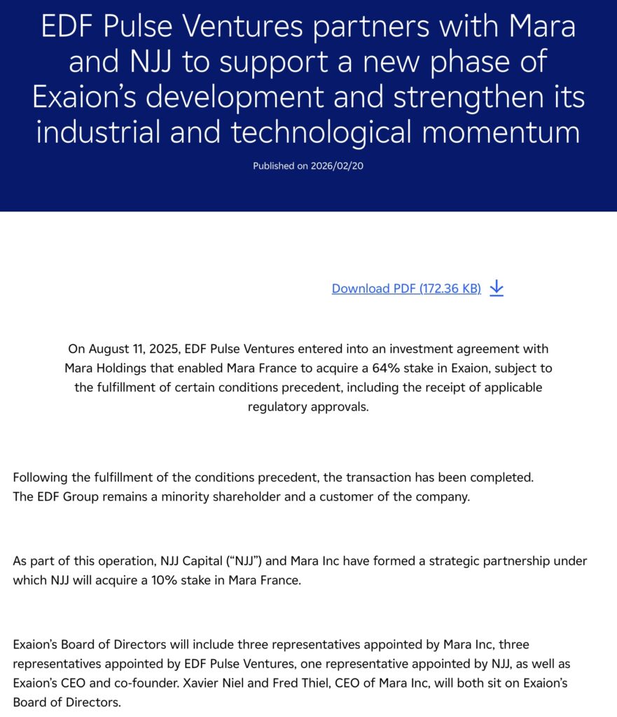 The announcement came on February 20, 2026. MARA Holdings has finalized the acquisition of 64% of Exaion, after obtaining the necessary regulatory approvals.