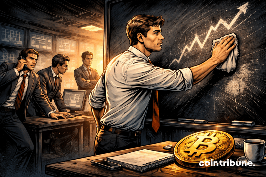 A Bitcoin investor is standing in front of a large wall painting. It partially erases abstract chalk graphics.