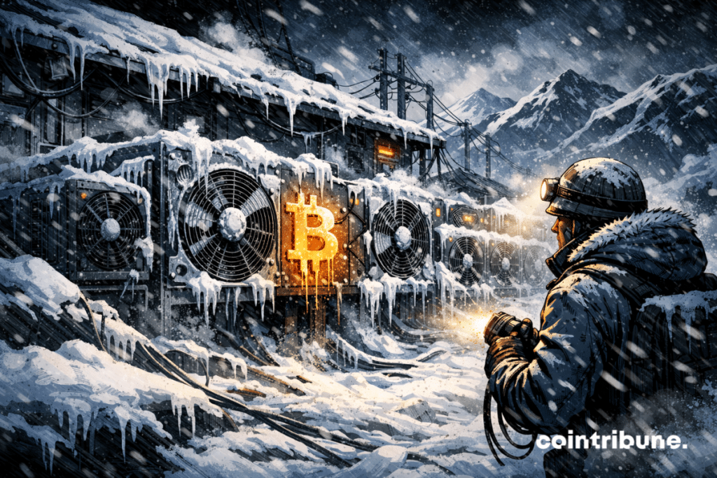 A Bitcoin mining farm is buried in snow with icy machines at a standstill.