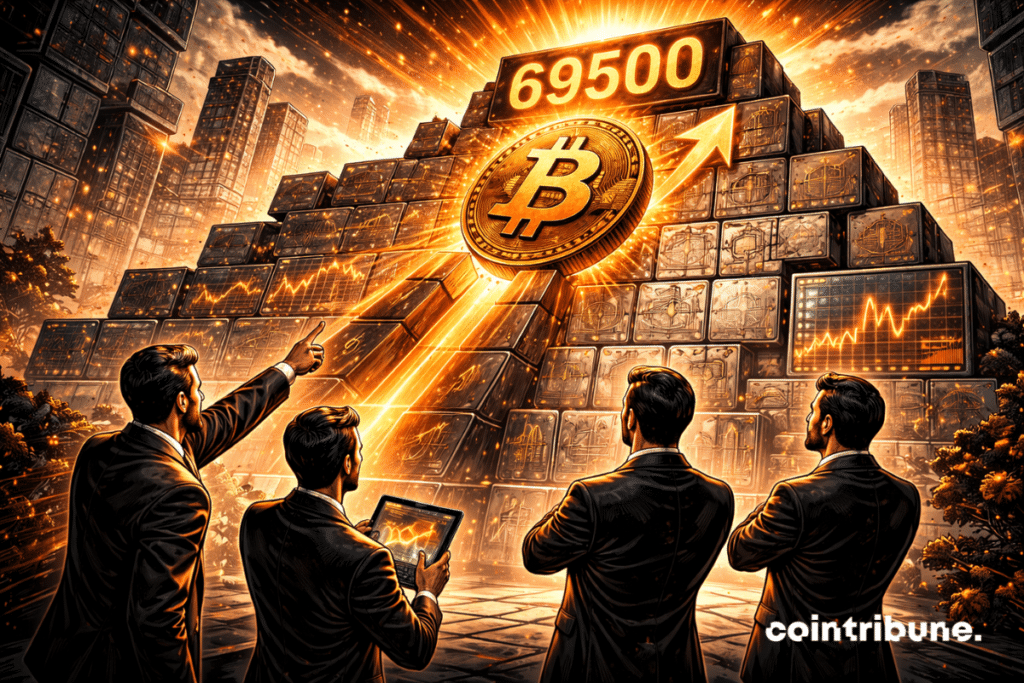 A huge industrial wall is made up of stacked massive metal blocks, representing businesses and their strong bottom lines. The Bitcoin symbol climbs along the wall in an upward diagonal. It is treated as a robust metal structure, tilted slightly forward, suggesting a continuous and controlled ascent. At the top of the wall, integrated into a metal plate embedded in the structure, the number 69500 ​​is engraved deep into the material.