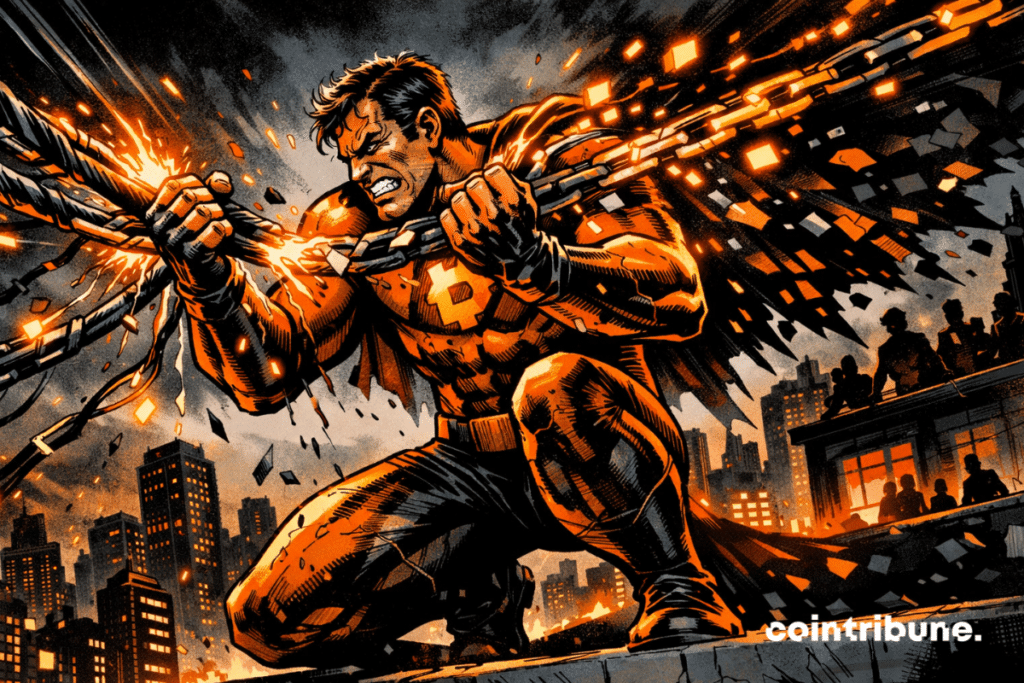 Bitcoin hero struggles as glowing network cables snap above a dark city.