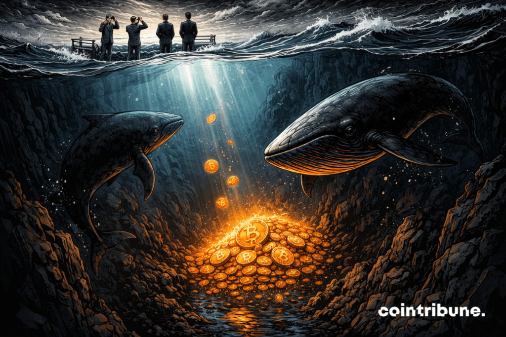 A huge pile of bright orange Bitcoins forms a real luminous treasure. The orange light illuminates the rock walls and creates a vertical halo rising towards the surface. Two massive whales slowly circle the cluster.
