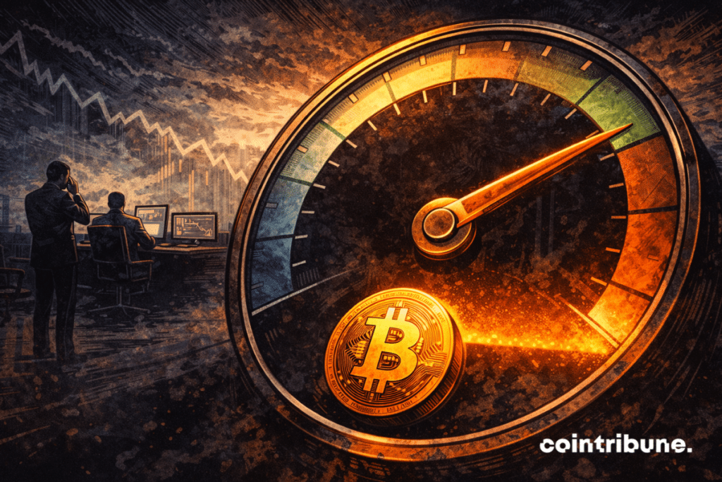 On a dial measuring Bitcoin's weekly RSI, the needle dipping into the low zone.