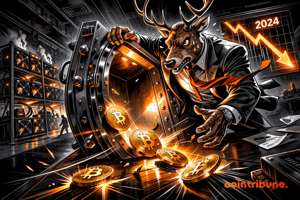 An anxious anthropomorphic deer, dressed in a suit, opens a glowing safe as bright orange Bitcoin coins spill onto the floor, with mining machines and a descending 