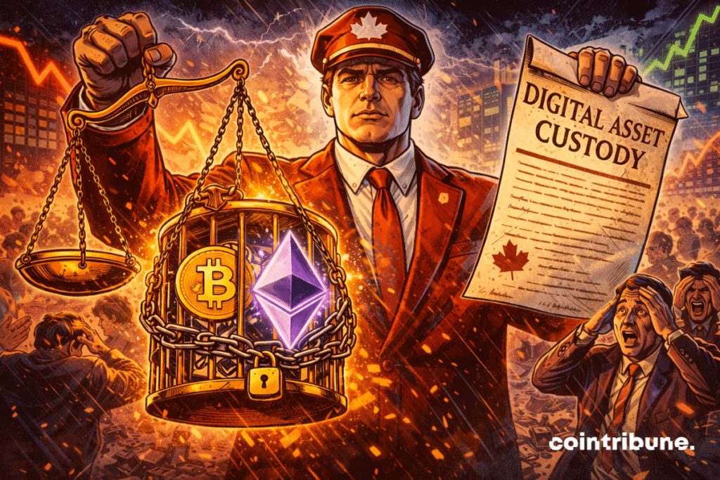 Canada imposes its law on crypto, with digital assets locked under chains and a scale of justice.