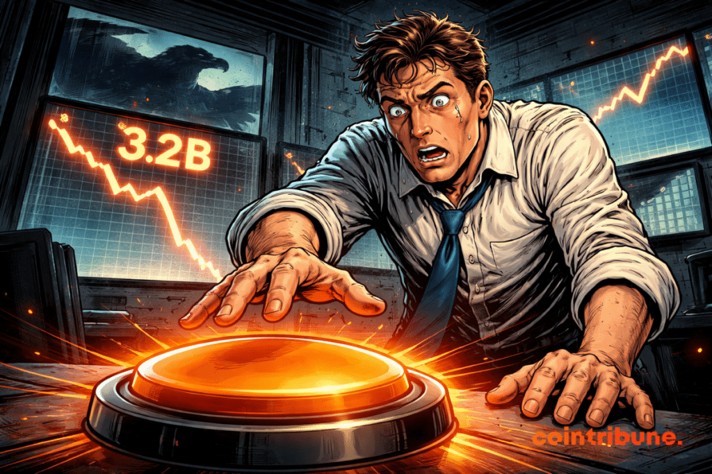 In a darkened trading room, a panicked trader hesitates in front of a glowing orange button as stock charts collapse and “3.2 billion” flashes in capital letters on a screen behind him.