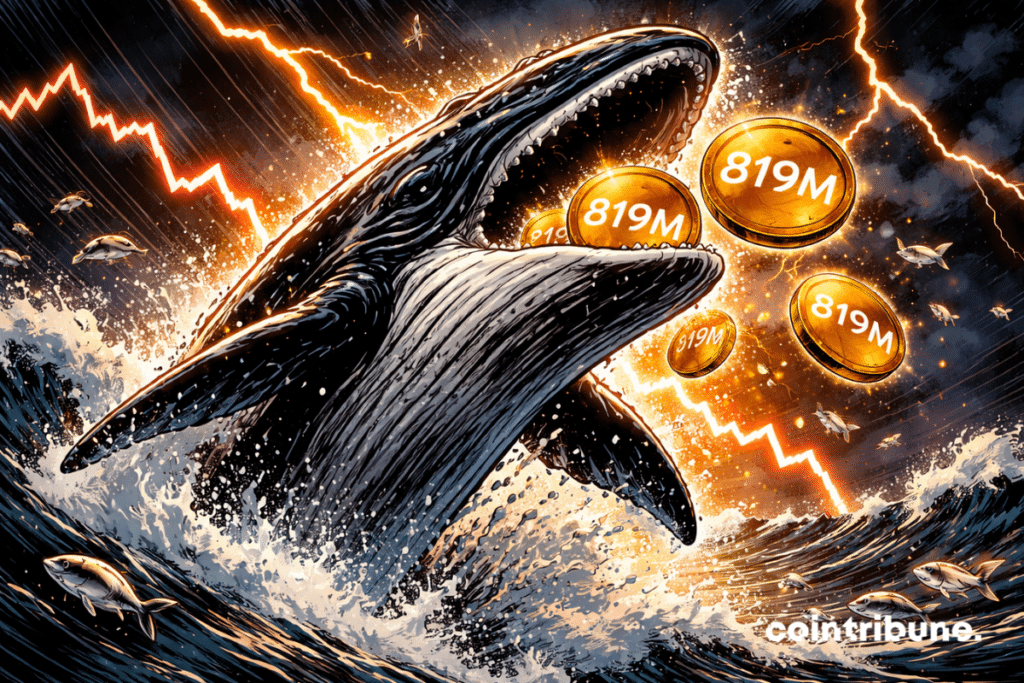 A giant whale leaps into the storm, snatching up shiny ADA coins as the market collapses behind it.