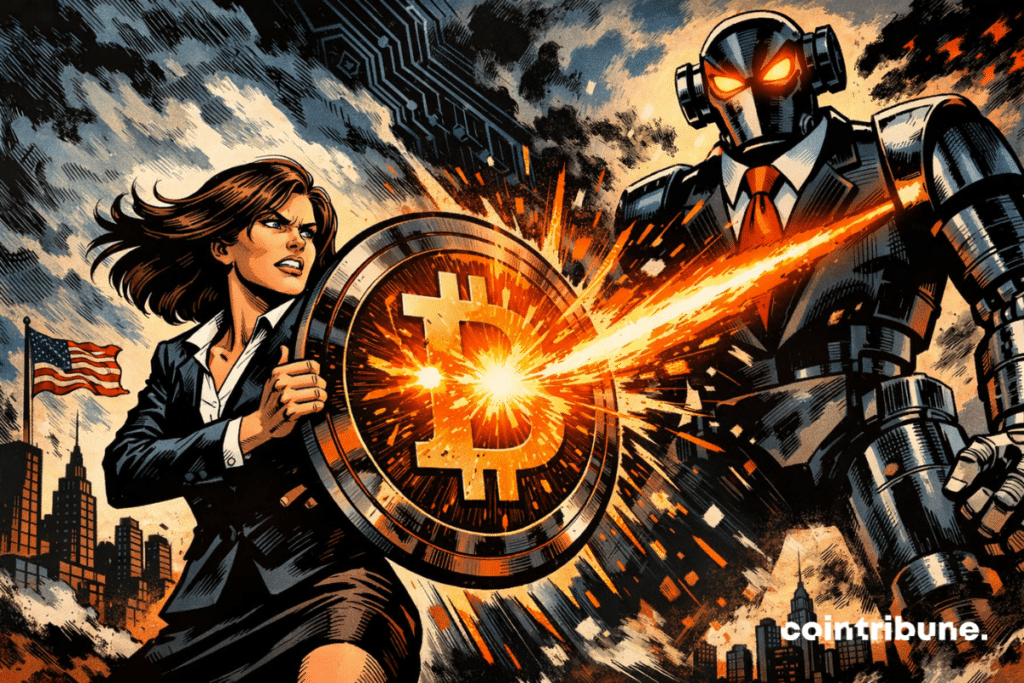 Cathie Wood takes on a giant robot, protecting blazing Bitcoin from a destructive ray, dramatic American skyline in the background.