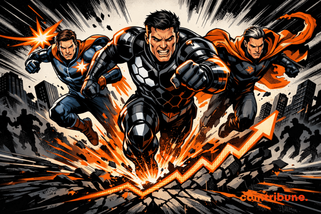 Three crypto heroes in charge, orange energy.