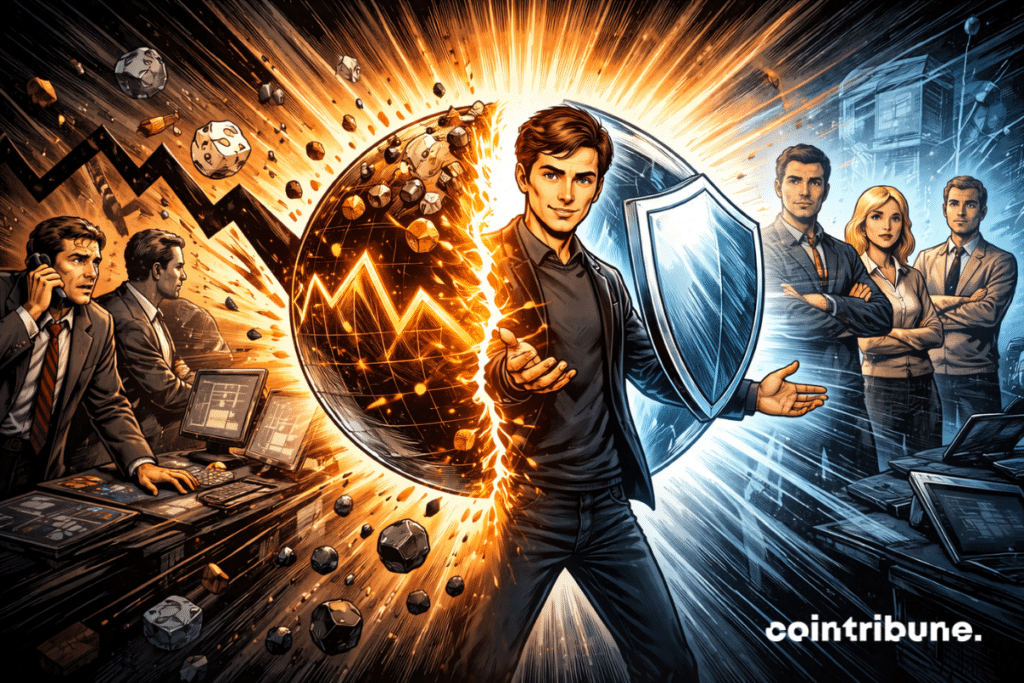 A floating sphere represents a prediction market, visually transforming into a shield.