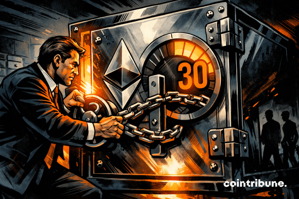 Guardian locks a glowing Ethereum chest, symbol of massive crypto staking, while the number 30 glows in a tense atmosphere.