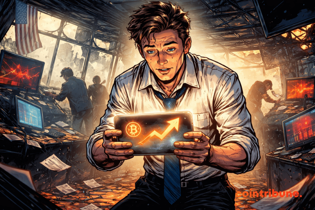 Sweaty trader holding shiny crypto wallet, in messy trading room chaos.