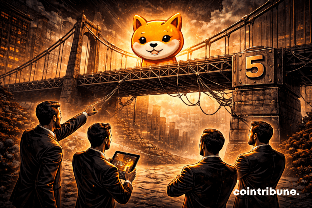 The crypto symbol Shiba Inu advances in the center of a huge metal bridge.