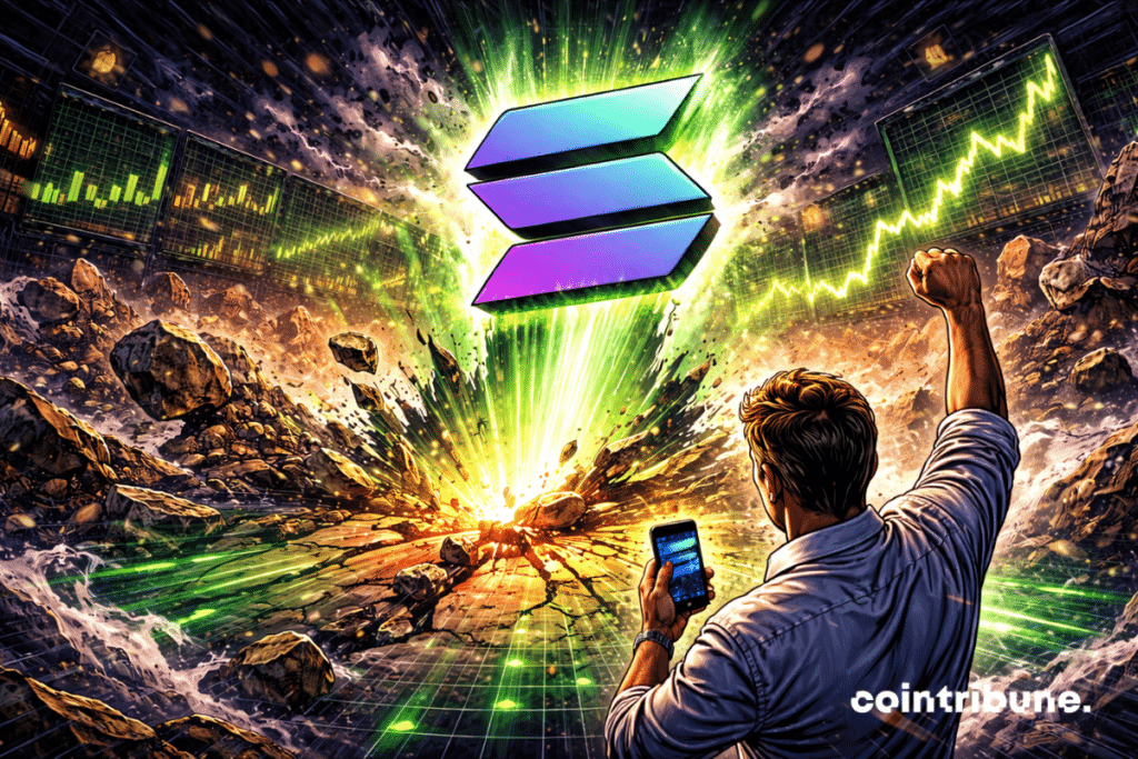 The ground cracks and the Solana crypto logo shoots skyward after a graphic earthquake.