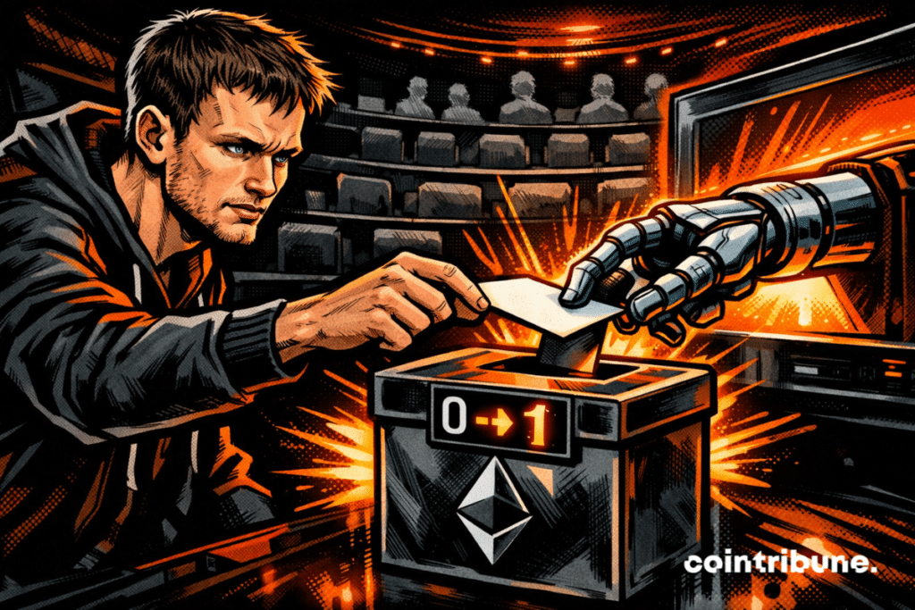 Vitalik hands a ballot to a robotic hand emerging from a screen, in front of an Ethereum ballot box, in a nearly empty voting room.