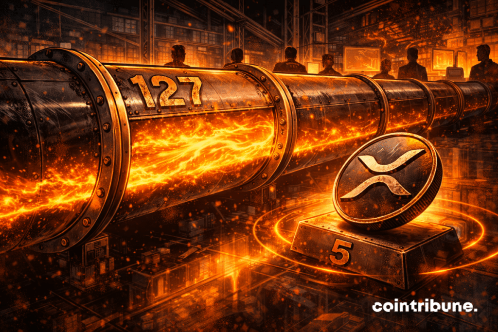 An intense orange luminous flux circulates inside the pipe, with dynamic particles evoking a massive transfer. On the outer wall of the metal tube, deeply engraved in the steel: 127, integrated into the material like a structural marking. The XRP symbol rests on a metal platform tilted slightly downwards.