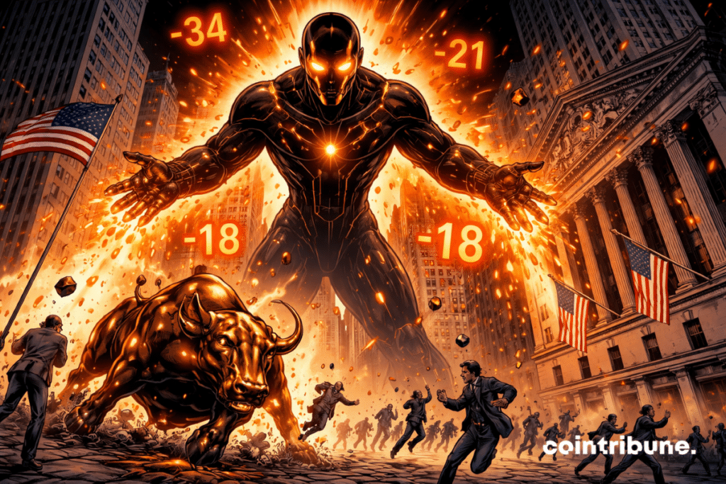 A flamboyant giant Claude d'Anthropic AI dominates Wall Street, sowing panic, negative numbers and chaos under a glowing orange sky.