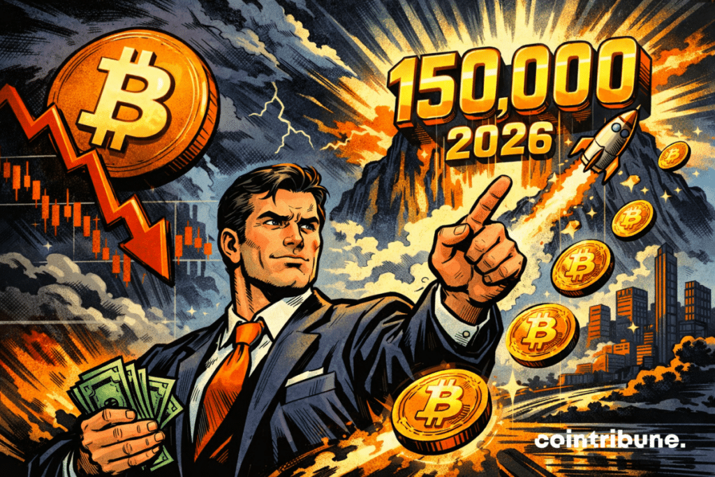 An investor pointing to the future, surrounded by soaring Bitcoin coins, symbolizing a $150,000 price target in 2026 and strong bullish momentum in the crypto market.