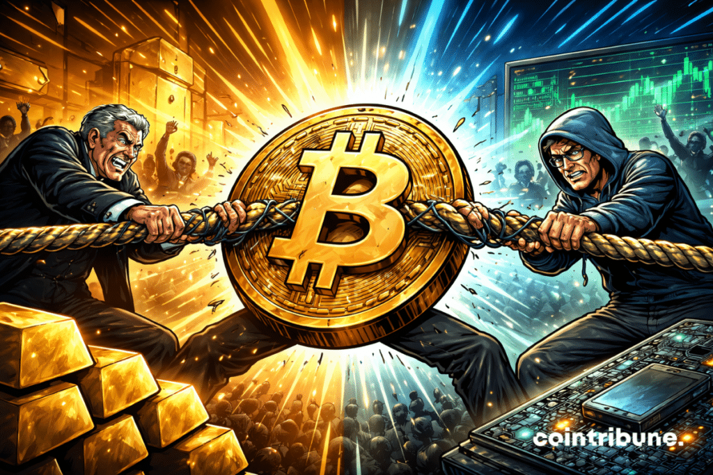 Banker and trader pull a rope, giant Bitcoin coin bursts between gold and shiny tech.